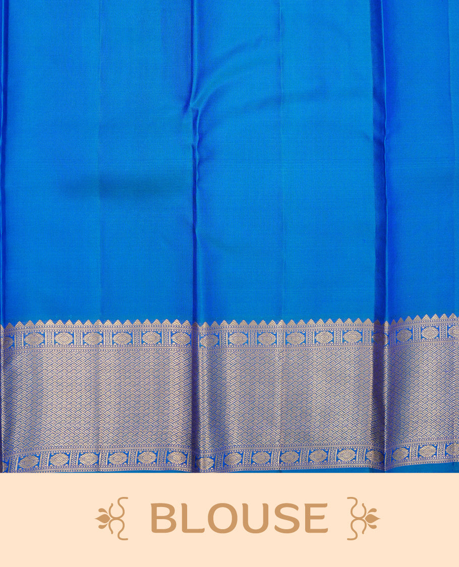 Blue colour Pure wedding silk saree featuring gold zari Check with designed pattern on body, complemented by self colour with traditional border, comes with a matching blouse piece.