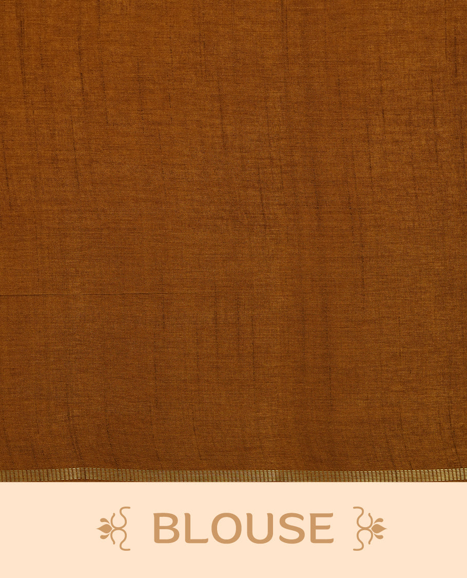 Brown colour semi Tussar saree highlights gold zari check pattern across body, border, pallu and paired with matching blouse piece.
