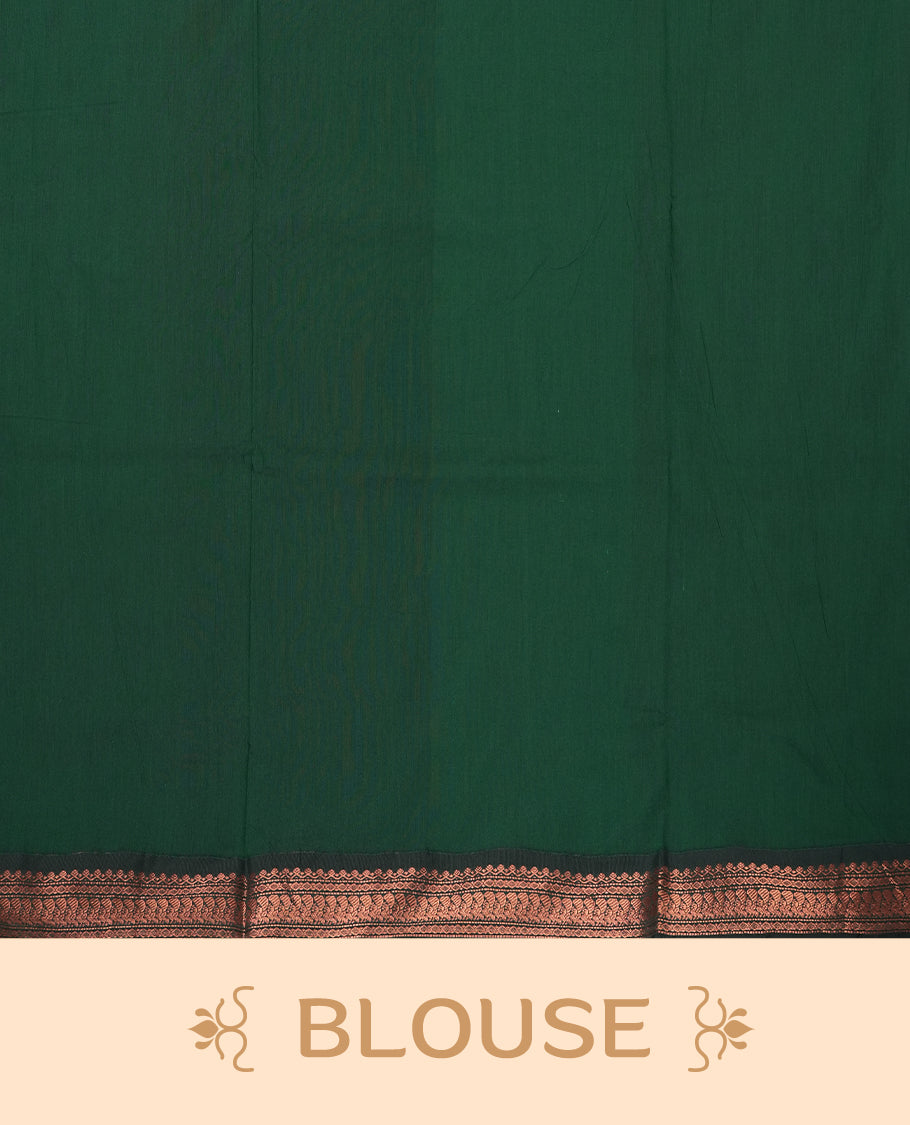 Lavender colour Kalyani Cotton saree with delicate woven zari motifs all over, paired with a contrasting deep green border and pallu intricately woven with rich copper peacock zari & Comes with a matching blouse piece.