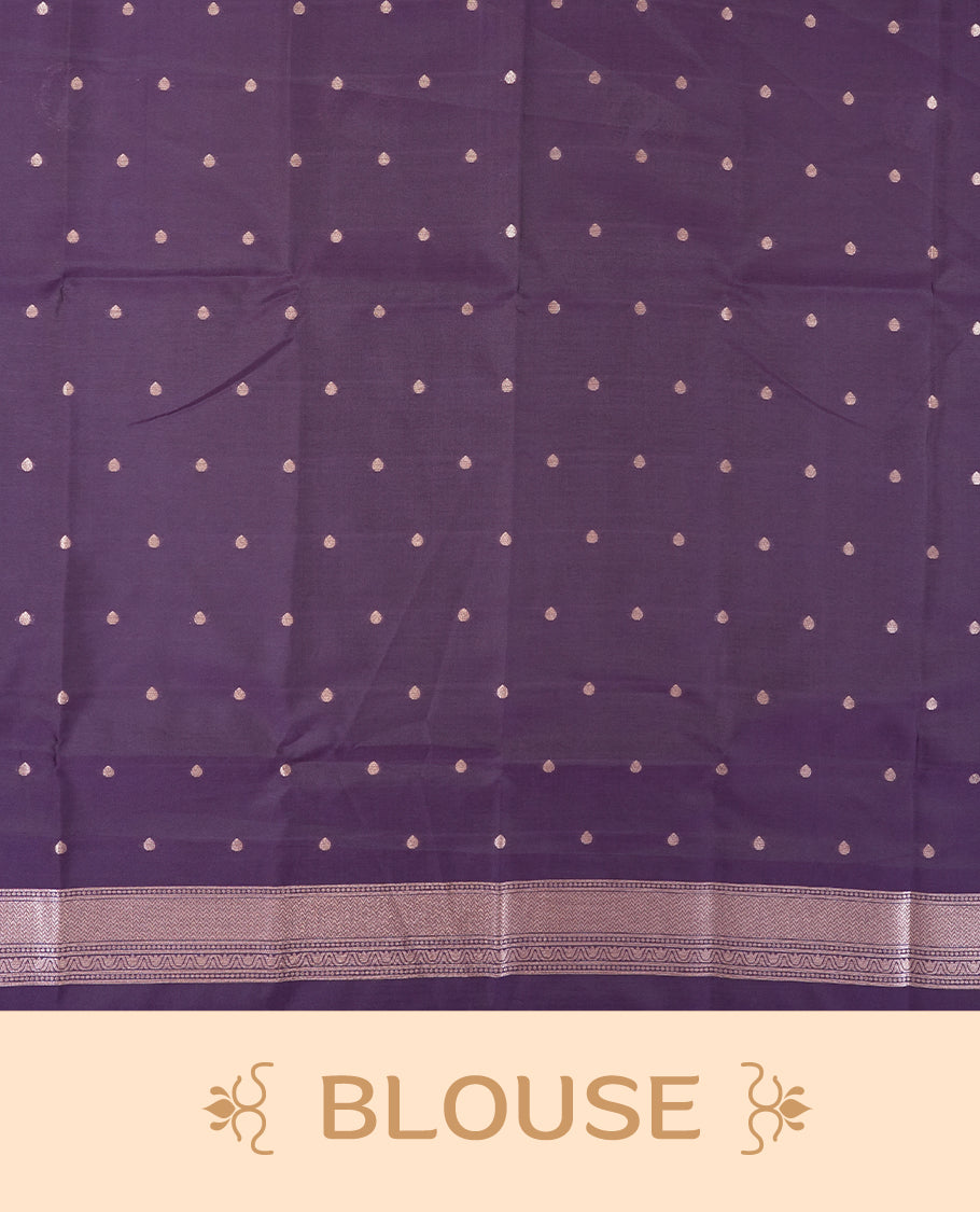 Plum Purple Semi Silk Saree with Silver Circular Buttas, Multitone Textured Wavy Pallu with Satin Zari Edge and Tassels, Paired with Coordinated Blouse Piece