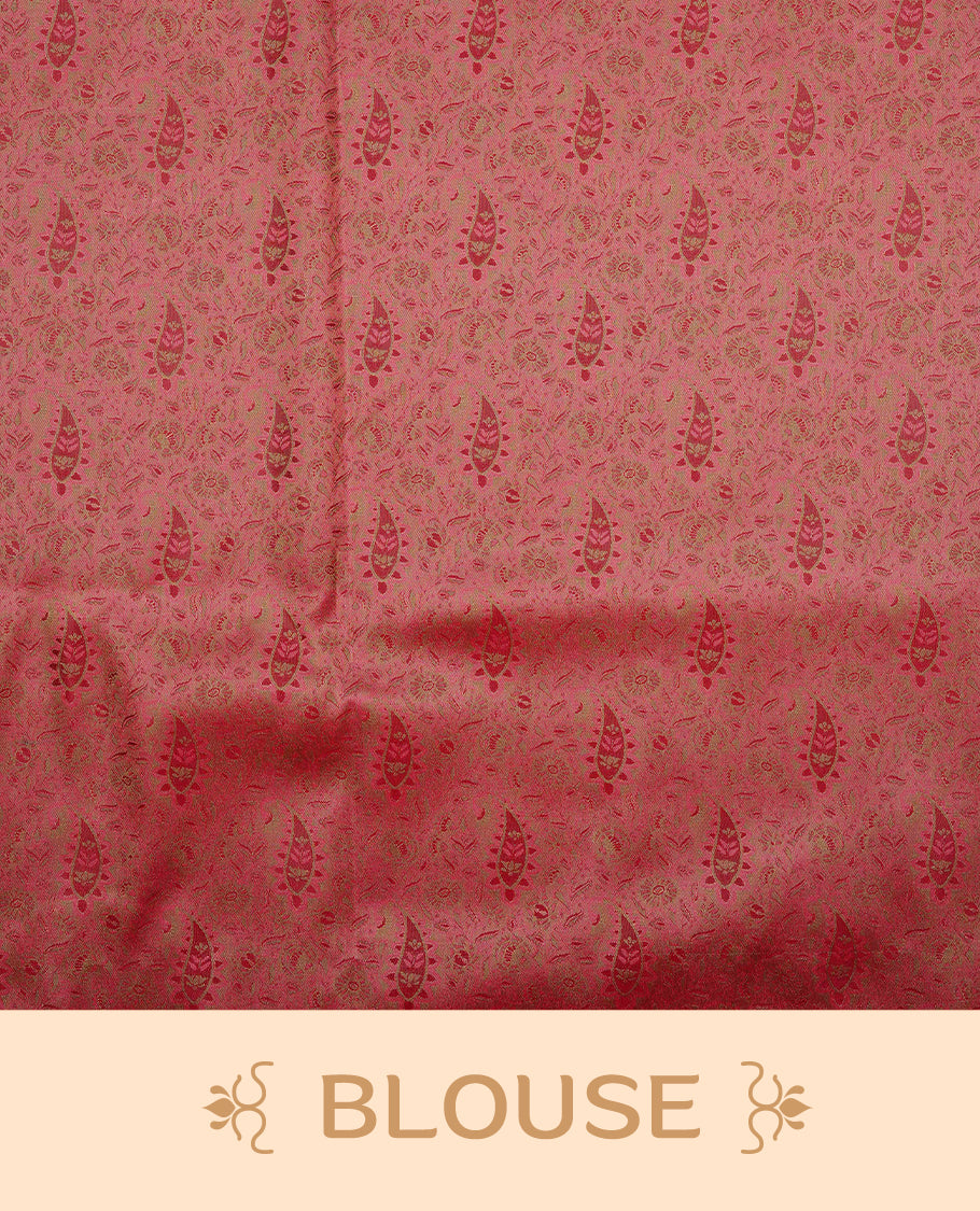 Brown colour Bulberry silk saree featuring gold zari Mango & floral kodi pattern across body, complemented by self colour border with gold zari work, comes with matching blouse piece.