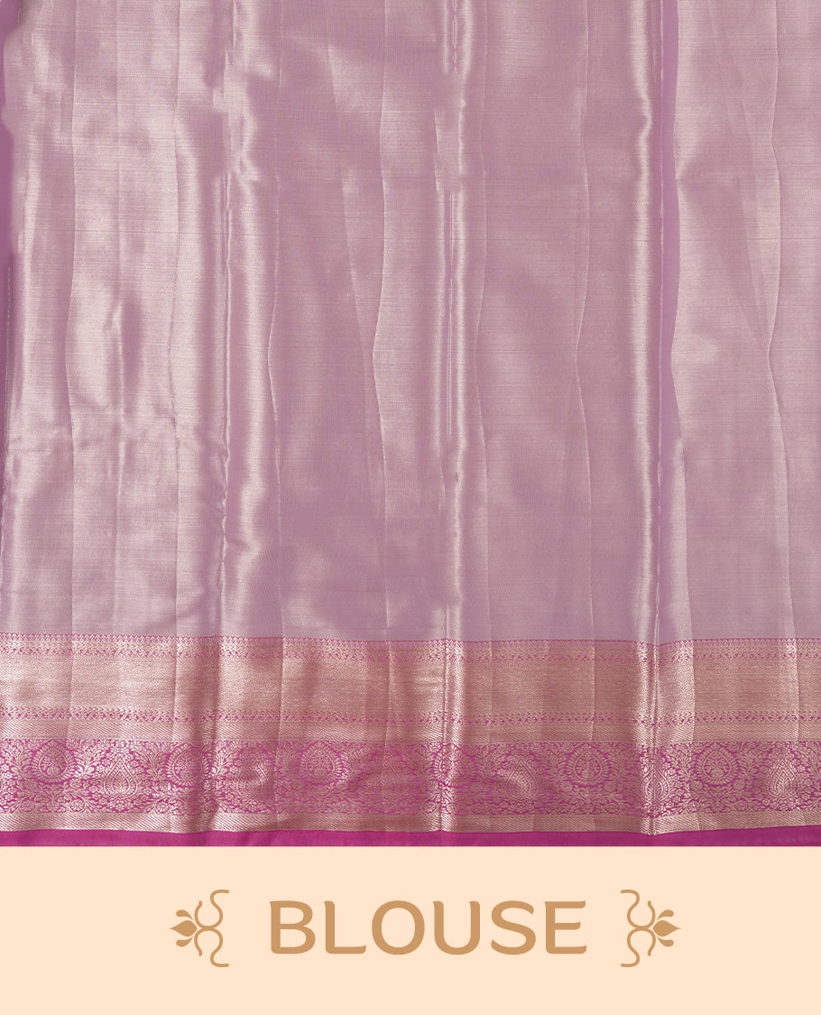 Light lavender colour and silver Zari Tissue Brocade Saree features intricate floral Motifs on body and dark pink colour contrast with traditional border & pallu, paired with matching blouse
