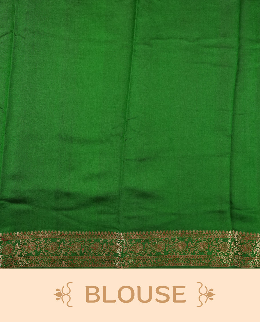 Green Colour Banaras Soft Silk Saree with Gold Zari Round Cluster Buttas, Intricate Multi-Layered Floral Border, Grand Pallu with Ornate Brocade Motifs in Deep Green and Gold Tones, and Matching Blouse.