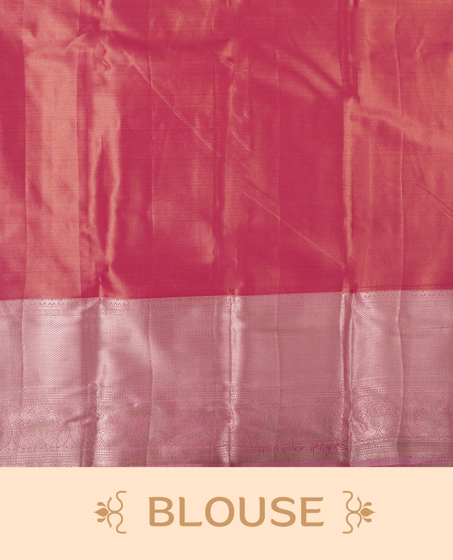 Bright pink colour and gold Zari Tissue Brocade Saree features intricat flower Motifs on body and light pink contrast border with rose gold tradtional border & pallu, paired with matching blouse