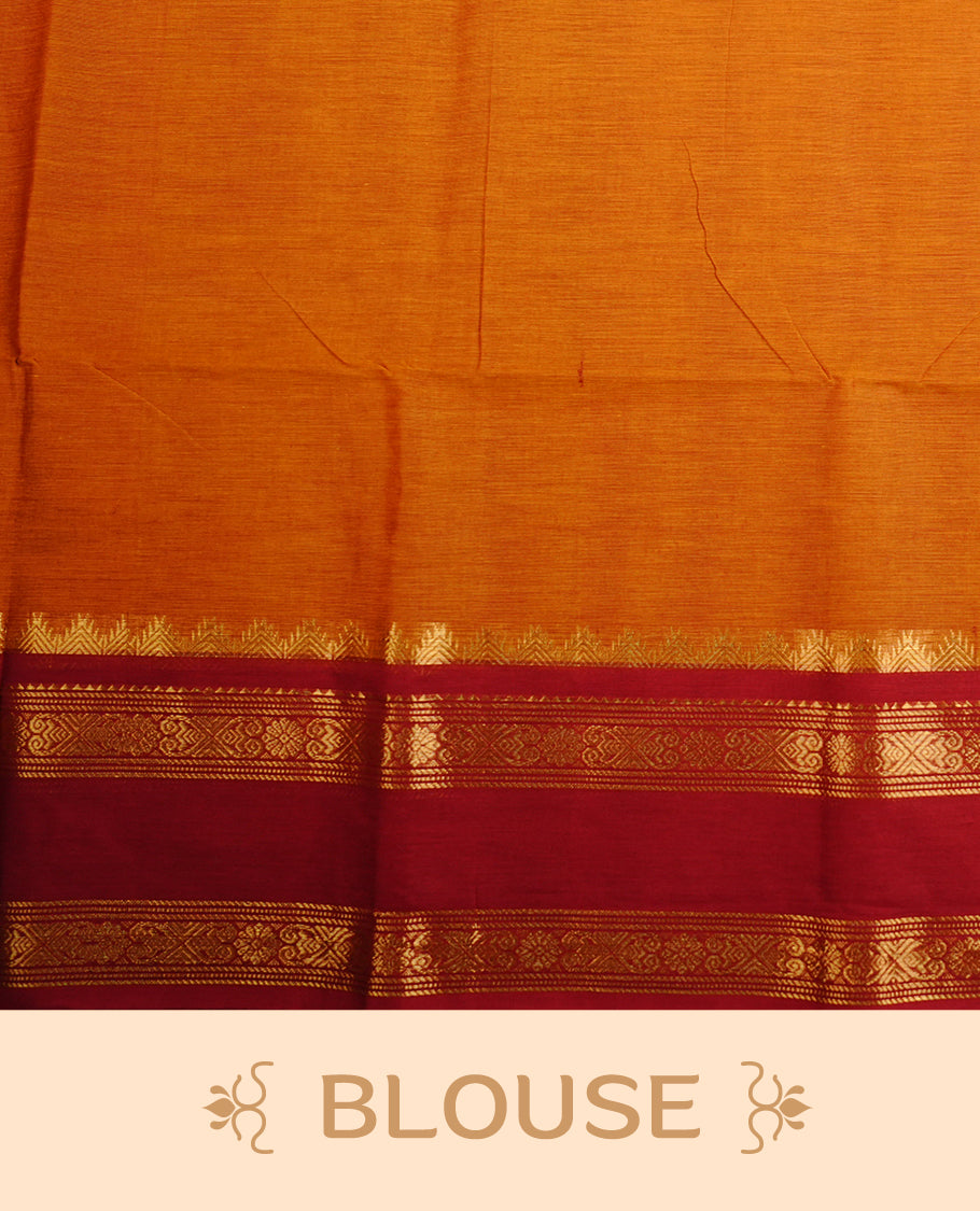 Burnt orange colour Chettinad cotton saree featuring Elegant palin body, complemented by contrast red colour With gold zari border, paired with matching blouse piece.