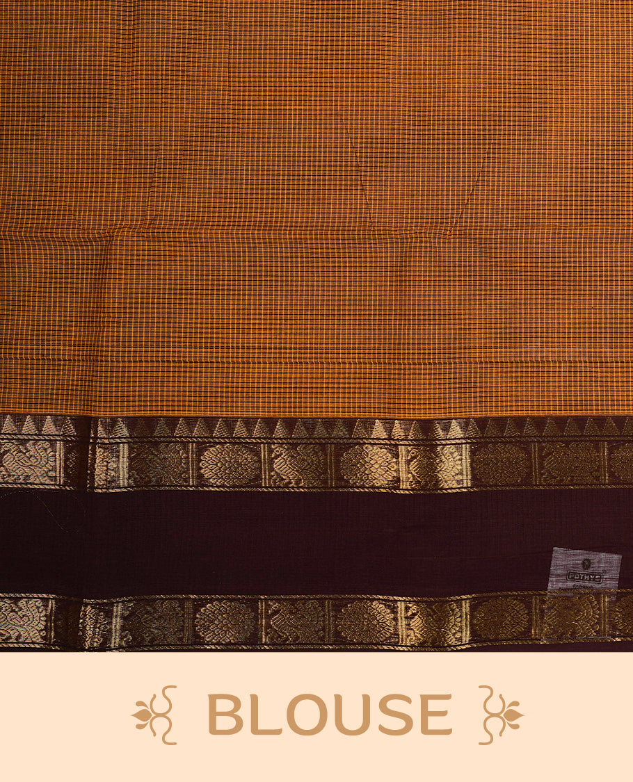 Light brown colour chettinad cotton saree featuring Green small check pattern on body, complemented by contrast Brown colour with Gold zari border, paired with matching blouse piece.