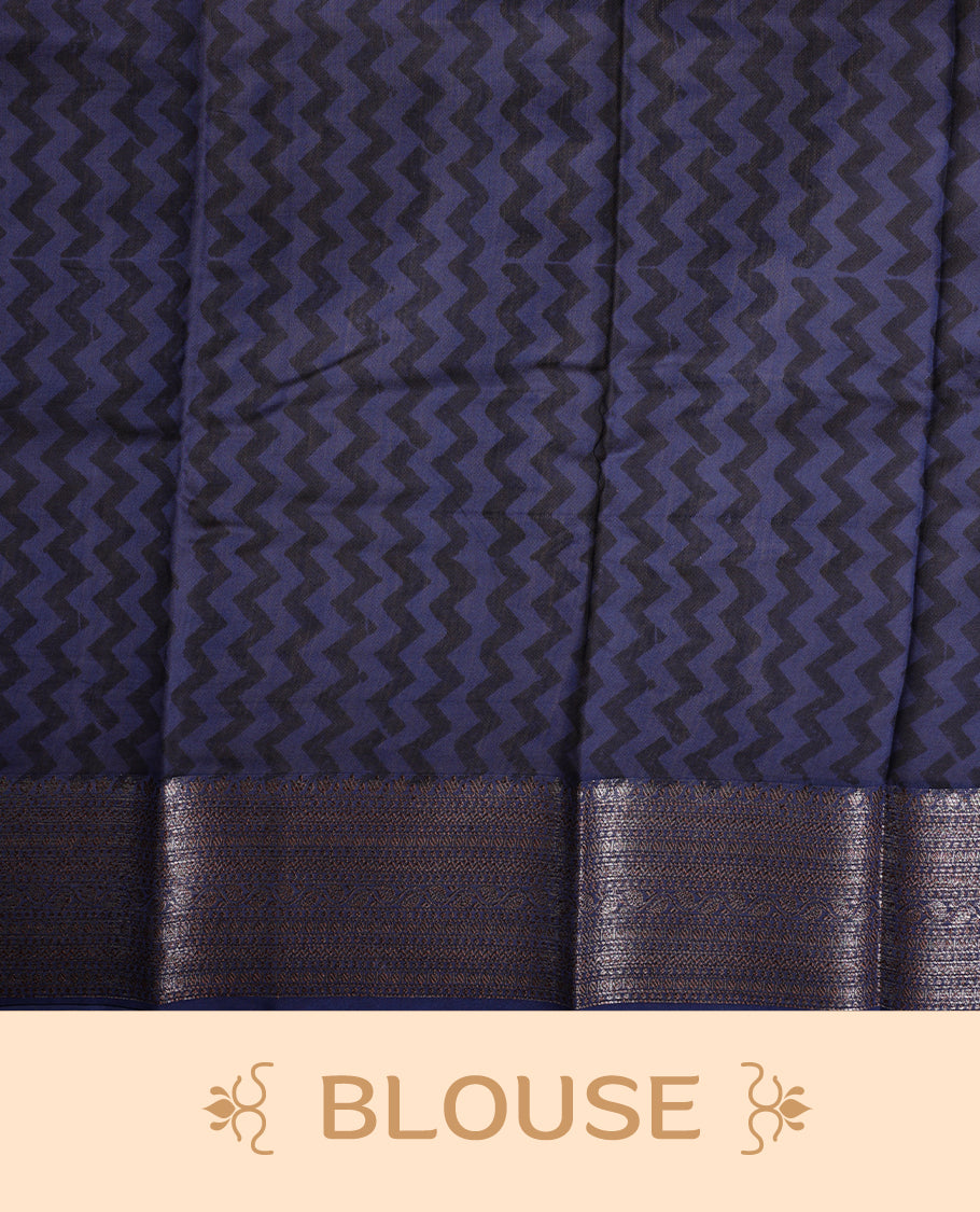 Dark blue colour chanderi silk saree with Floral block print On body, compilmented by self colour border with antique zari pattern and a matching blouse.