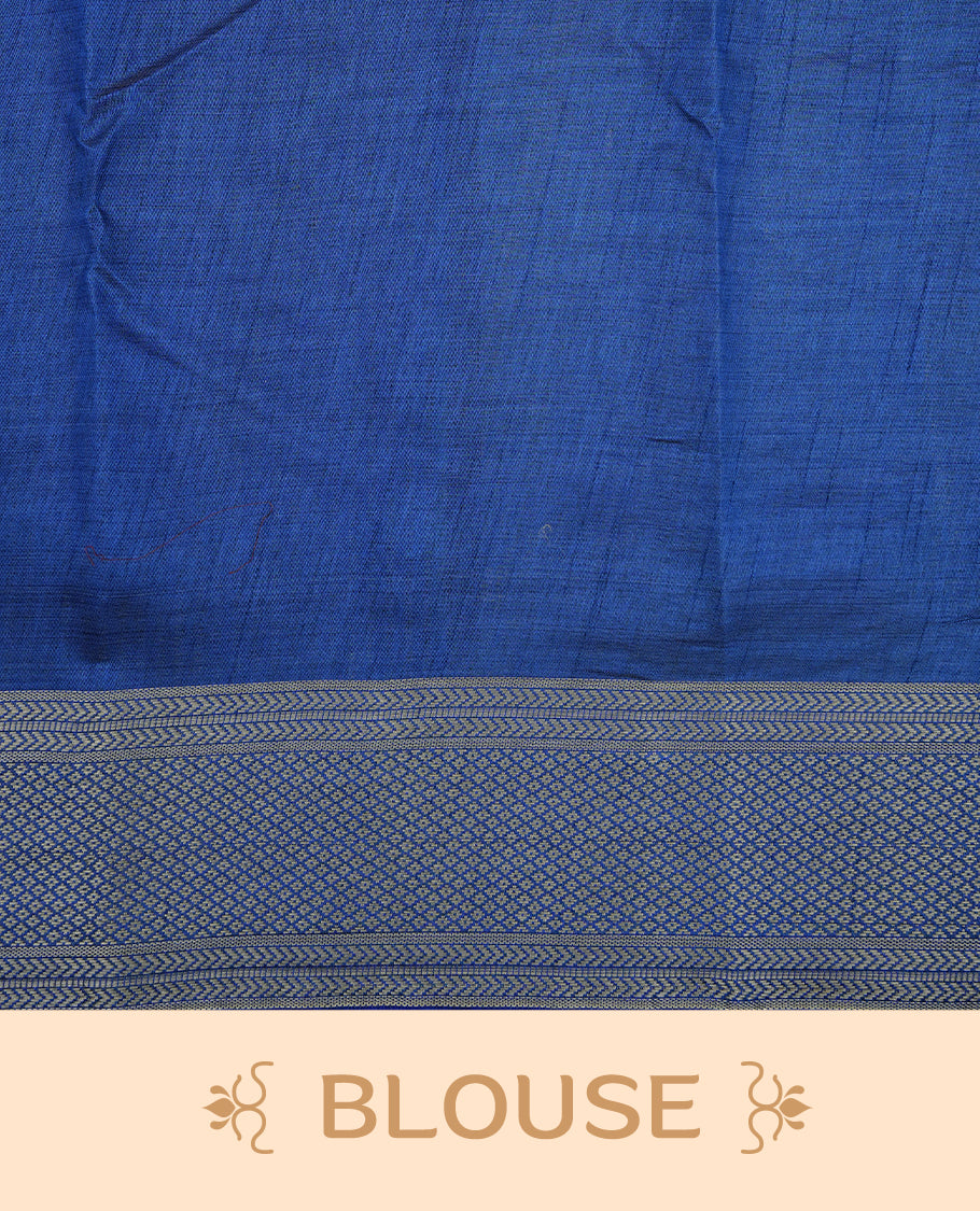 Cream colour Semi Tussar silk saree featuring an elegant plain body, accentuated by a contrast Maroon border adorned with intricate gold zari work, paired with a matching blouse piece.