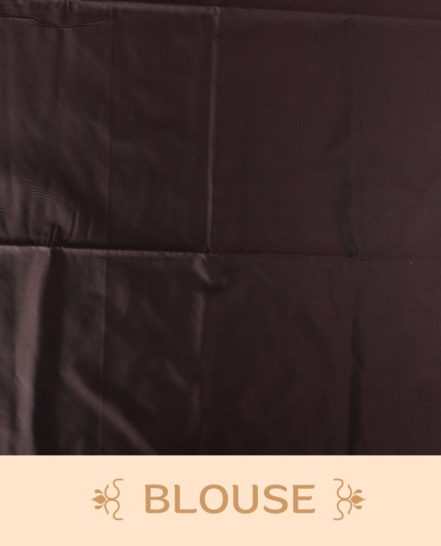 Deep copper colour semi soft silk saree adorned with delicate woven motifs on the body & Enhanced with a striking dark brown contrast zari border and elegant pallu, paired with a matching blouse.