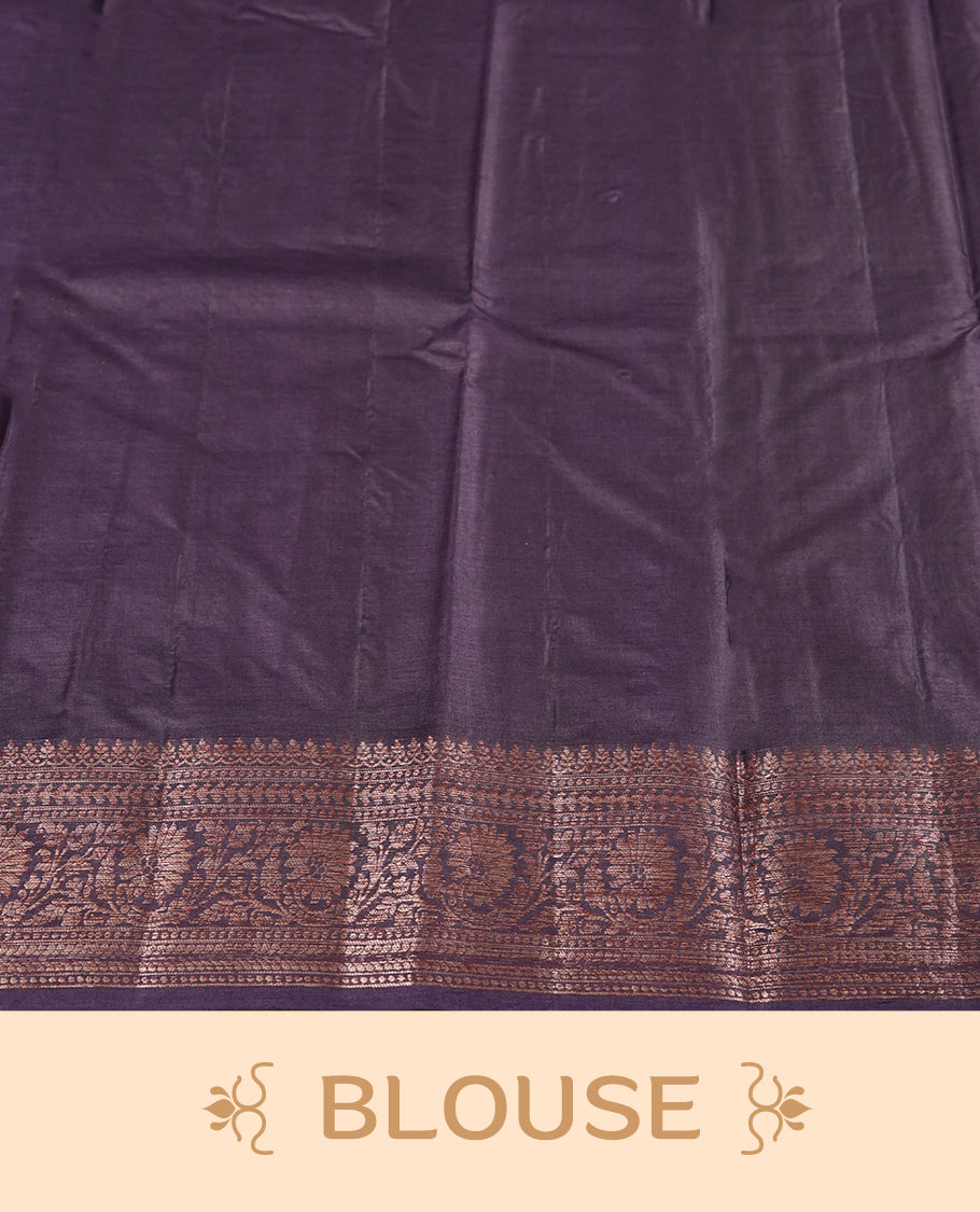 Cyber grape colour pure banarasi tussar Saree with antique design & golden motifs on the body, accentuated with an elegant traditional border, rich woven pallu and matching blouse piece.