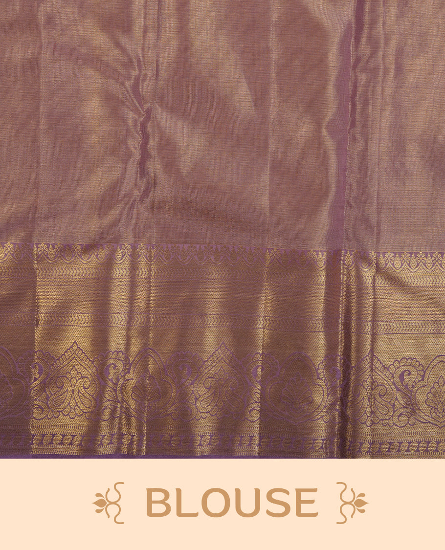 Lavender & gold double shade colour kancheepuram tissue silk saree highlighting gold zari pattern body, with contrast Lavender colour colour with traditional border and paired with matching blouse.
