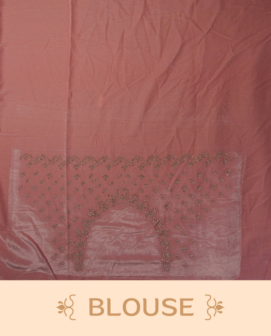 Light Pink colour chiffon designer saree featuring delicate silver stone embellishments along the border and pallu, paired with a matching embellished blouse.