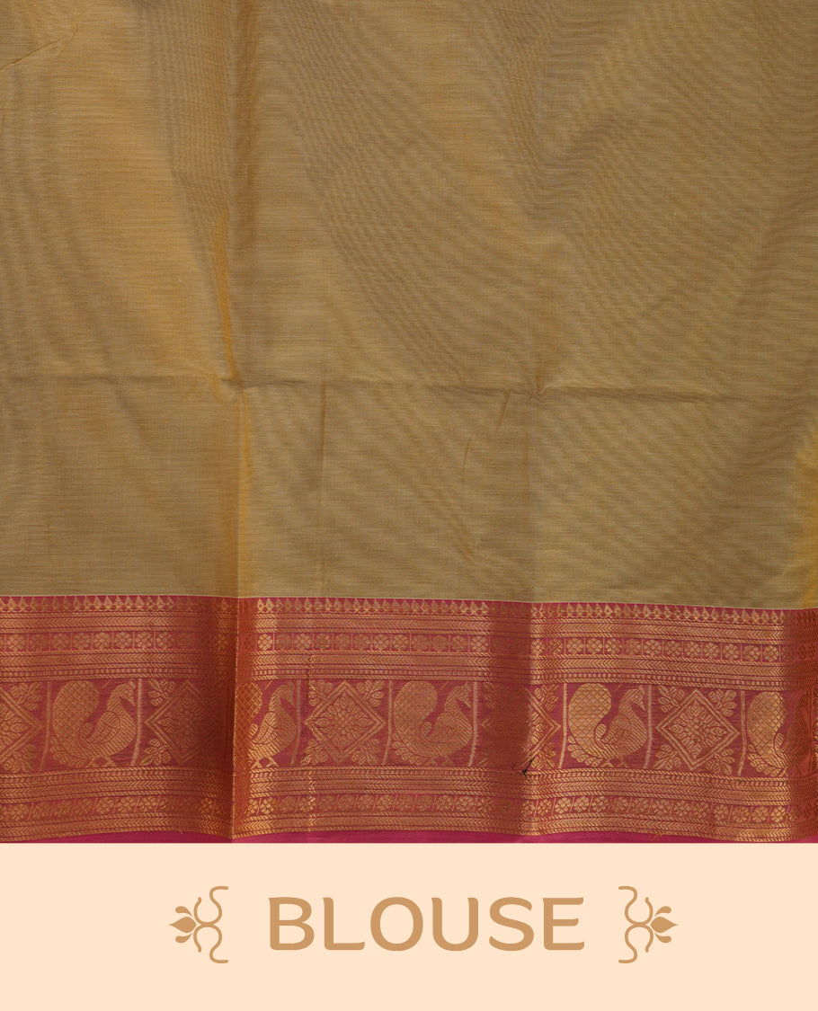Beige colour chettinad saree featuring gold zari stripes on body, complemented by contrast Magenta colour with traditional border, paired with matching blouse piece.