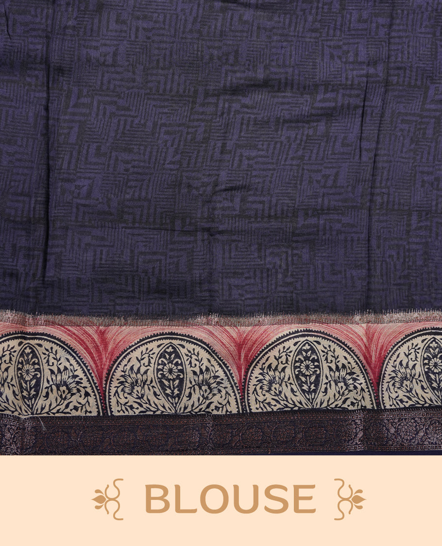 Greenish Gray colour chanderi silk saree featuring geometric print pattern across body, with contrast Blue colour border with zari pattern and paired with matching blouse.