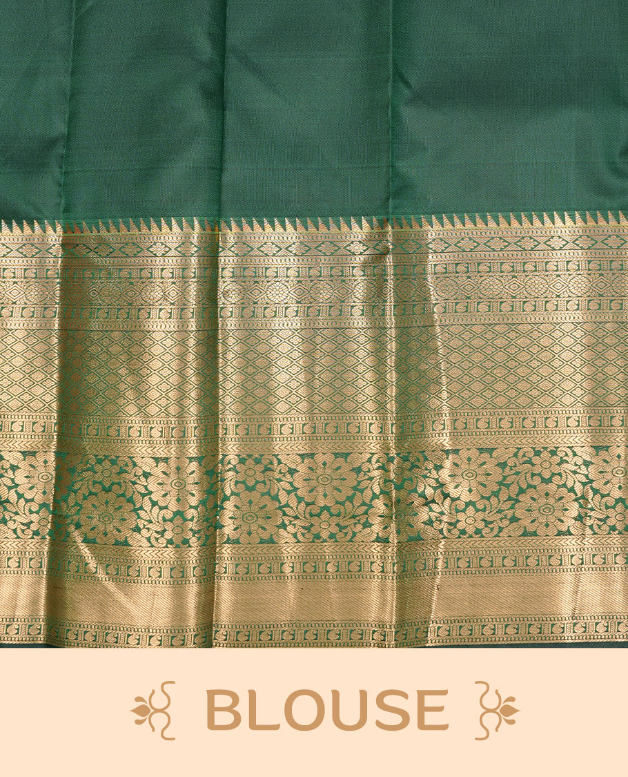 Green Semi Wedding Silk Saree featuring Gold Zari Check with Motifs On body, Complemented with traditional zari with Self colour border with, paired with matching blouse piece.