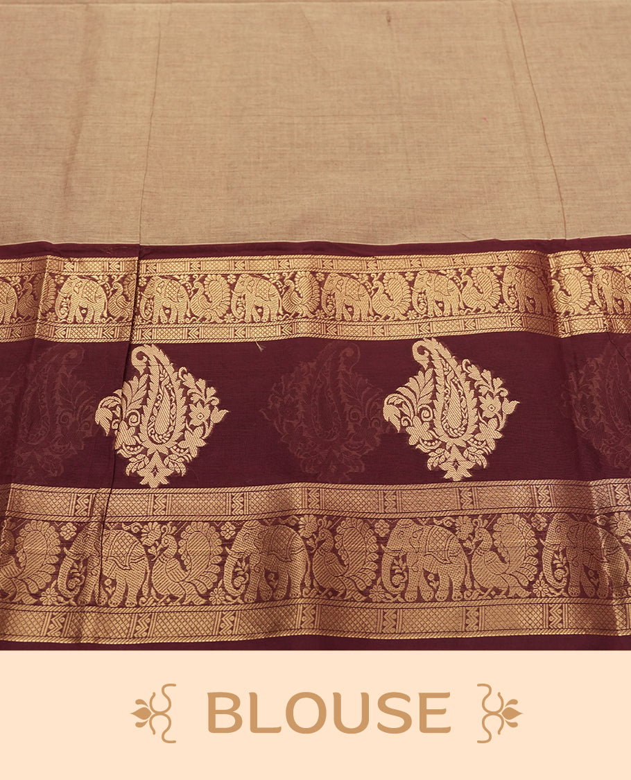 Beige Colour Silk Cotton Saree with Striped Body, Accented by Maroon and Gold Zari Border with Elephant and Paisley Motifs on Pallu, Paired with Matching Blouse Piece