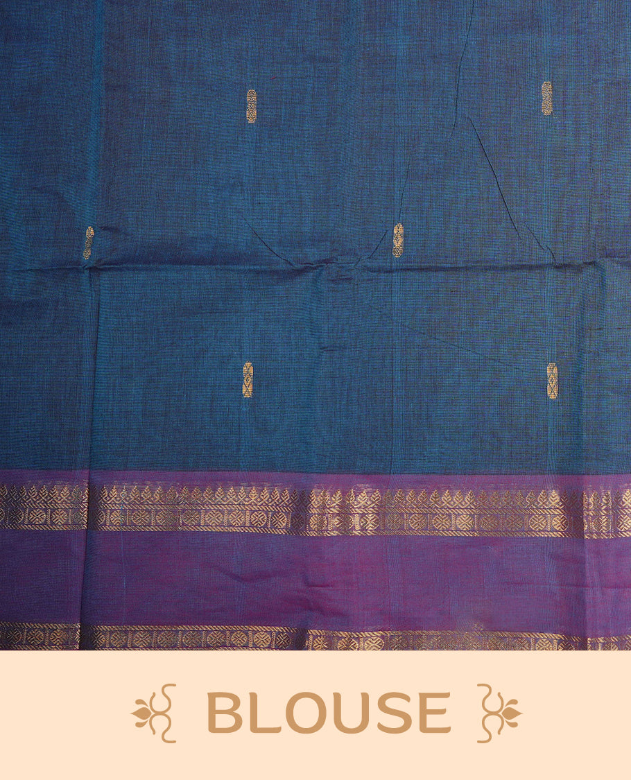 Dark Blue colour chettinad cotton saree featuring Gold Zari Motifs on body, complemented by Contrast Purple Colour With Gold Zari border, paired with matching blouse piece.