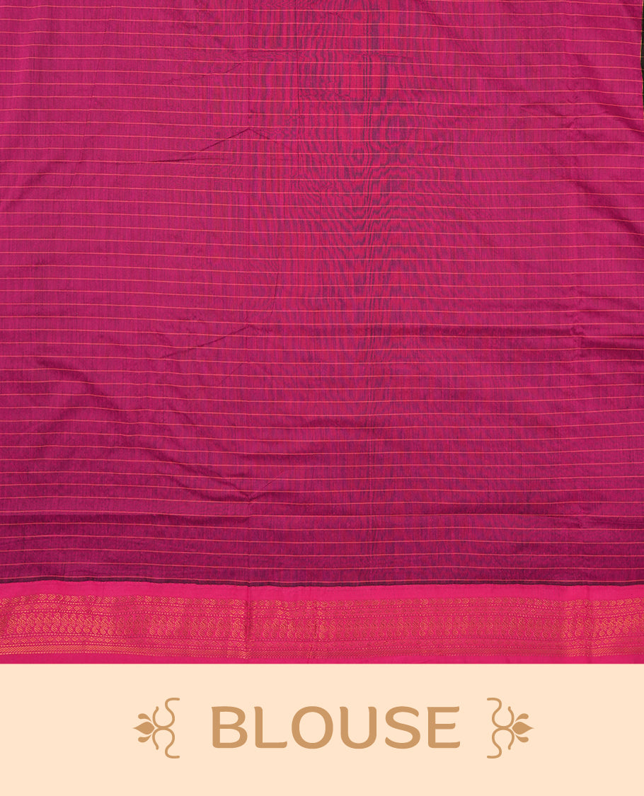 Black coloured mixed Kalyani cotton saree featuring copper zari checks on the body, complemented by a dark magenta coloured border and pallu adorned with copper zari patterns, Paired with a matching blouse.