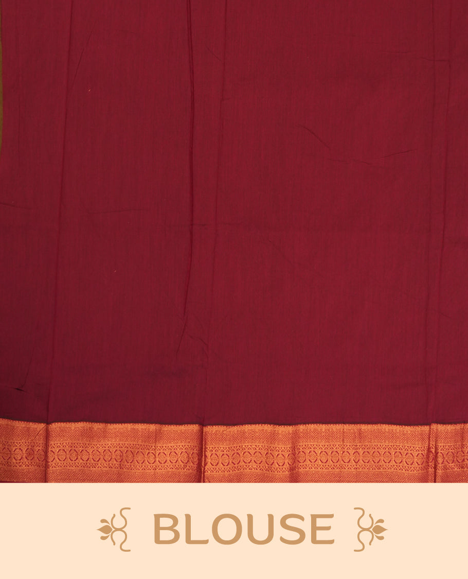 Green and maroon Kalyani cotton saree featuring elegant dancer motifs on the body with golden zari, complemented by a rich contrast zari border and paired with a matching blouse.