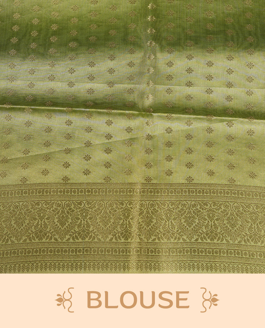 Green & Gold double shade colour tissue banaras silk saree featuring antique gold zari motifs on the body with rich traditional zari border and pallu, paired with a matching blouse piece.