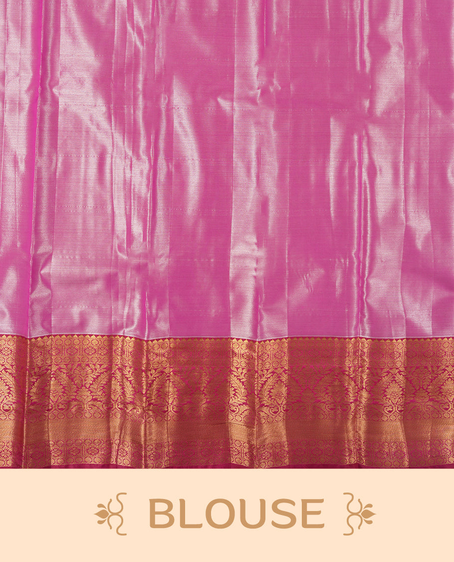 Magenta colour and gold & silver Zari Tissue Brocade Saree features intricate floral Motifs on body and dark red contrast border & pallu with traditional pattern, paired with matching blouse