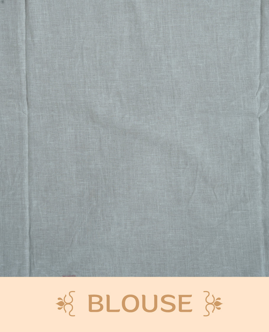 White coloured mul cotton saree featuring bold gold-tone floral motifs across the body, designed without a border and comes without a blouse piece.