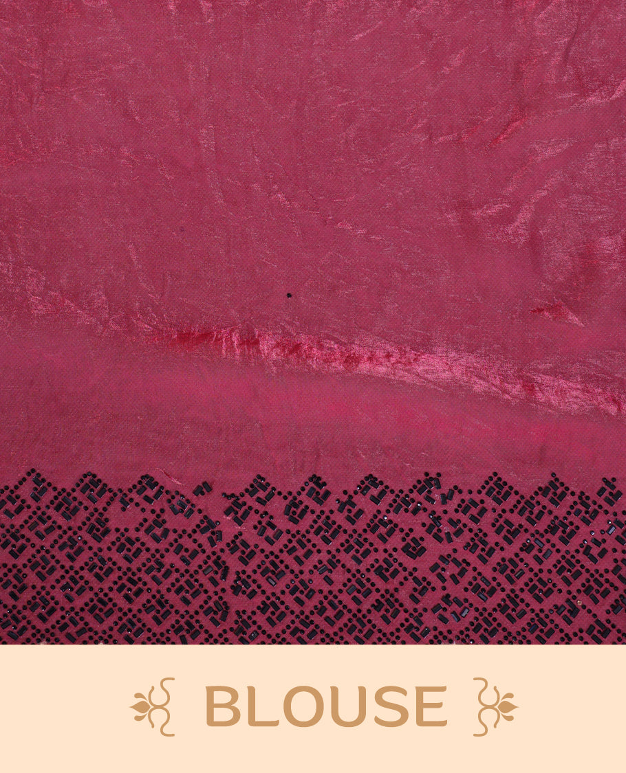Burgundy colour velvet chiffon designer saree, featuring black thread embroidery kodi pattern on body with black cut stone work and heavy stone border, pallu and Paired with matching blouse.