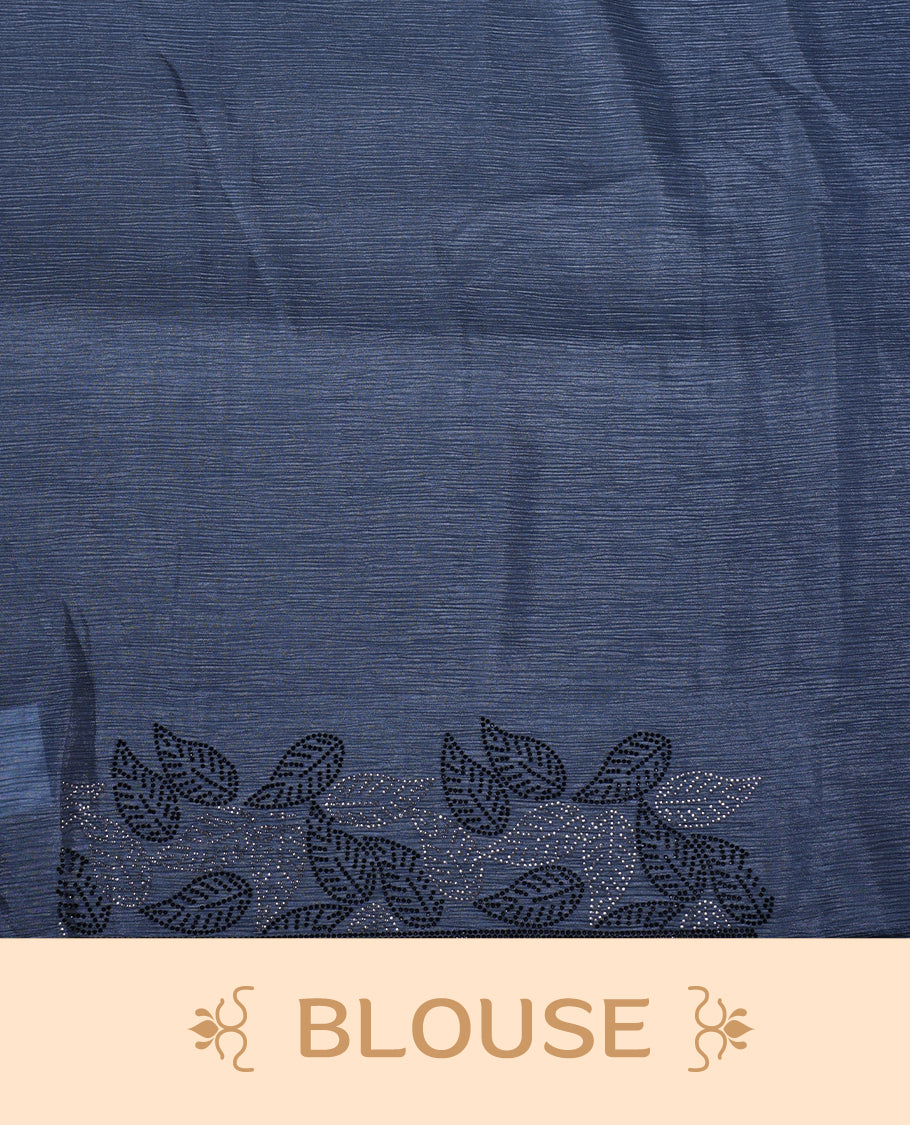 Ash blue colour chiffon designer saree, featuring black and white scattered stone on body, stone work and heavy stone leaf pattern on border and pallu, Paired with matching blouse.