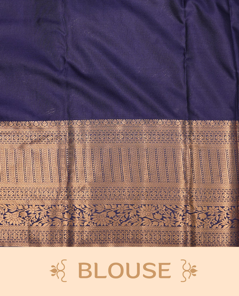 Navy Blue Semi Wedding Silk Saree featuring Gold Zari stripes with Motifs On body, Complemented with traditional zari with Self colour border, paired with matching blouse piece.