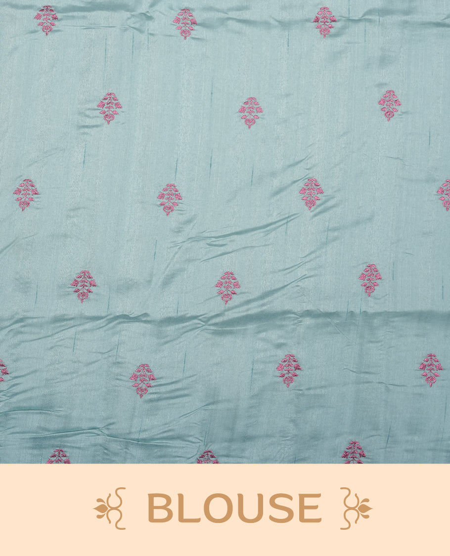 Light blue colour semi tusser silk saree featuring Floral thread embroidery across body, without border and paired with matching blouse.