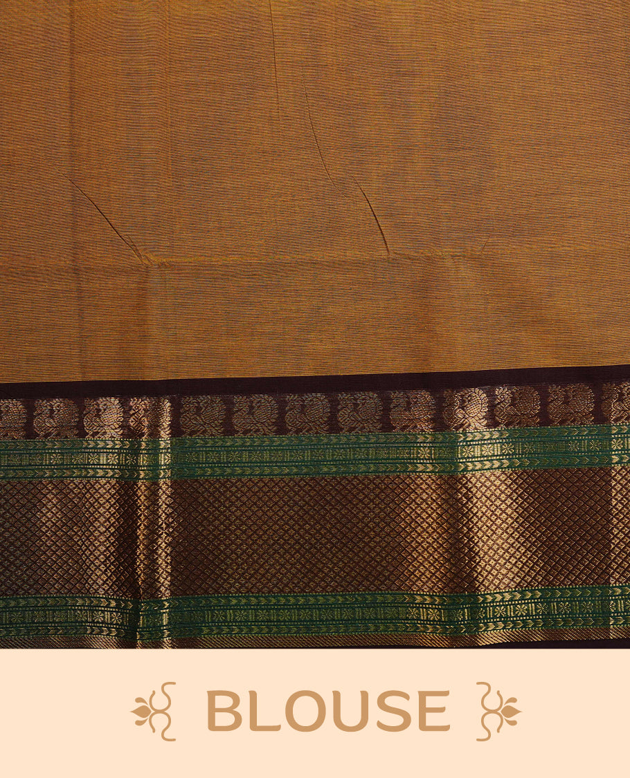 Olive colour chettinad cotton saree featuring Plain body, complemented by Contrast Brown & Green Colour With Gold Zari border, paired with matching blouse piece.