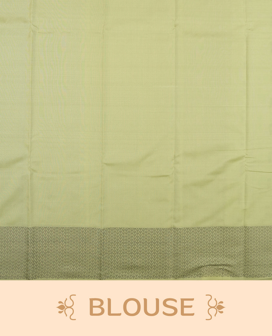 Pastel green colour semi soft silk saree featuring a gray colour textured patterned body, complemented by self coloured with gray colour motifs pallu & border and a matching blouse piece.
