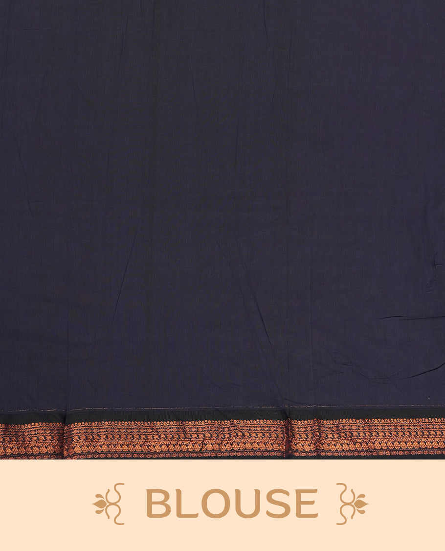 Golden yellow colour Kalyani Cotton saree with subtle zari woven motifs all over, paired with a contrasting deep navy blue rich copper zari border and pallu & Comes with a matching blouse piece.