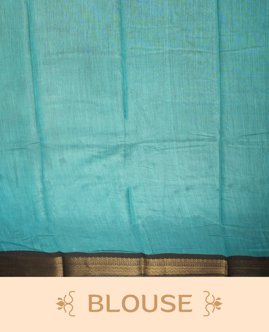 Dark teal colour mixed chanderi cotton saree with black dot motifs, multicolor striped pallu with black, off-white and turquoise triangle geometric pattern, golden zari border, and matching blouse.