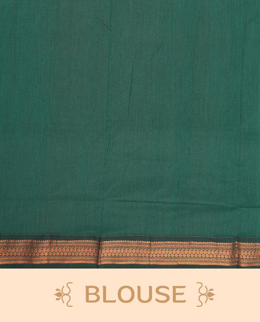 Pastel Orange colour Kalyani cotton saree with intricate small motifs all over, paired with a contrasting dark green rich zari woven border and pallu & Comes with a matching blouse piece