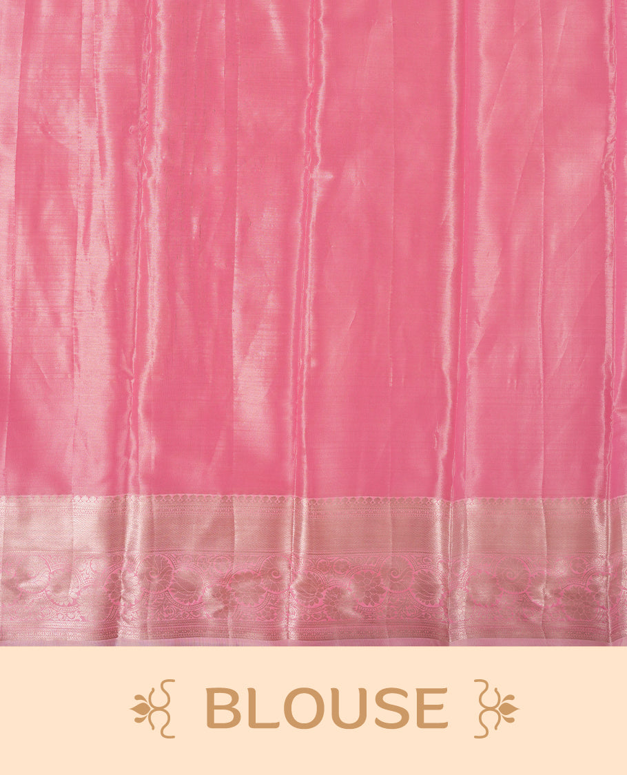 Light pink colour and gold Zari Tissue Brocade Saree features intricate Motifs on body and rose gold colour traditional border & pallu, paired with matching blouse