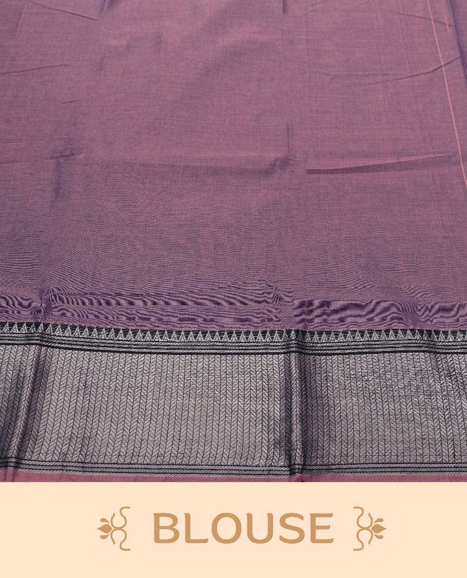 dark purple colour Narayanapattu cotton saree featuring a self coloured body, dark purple coloured with silver zari pattern border and ivory striped colour pallu, pairing a matching blouse piece.