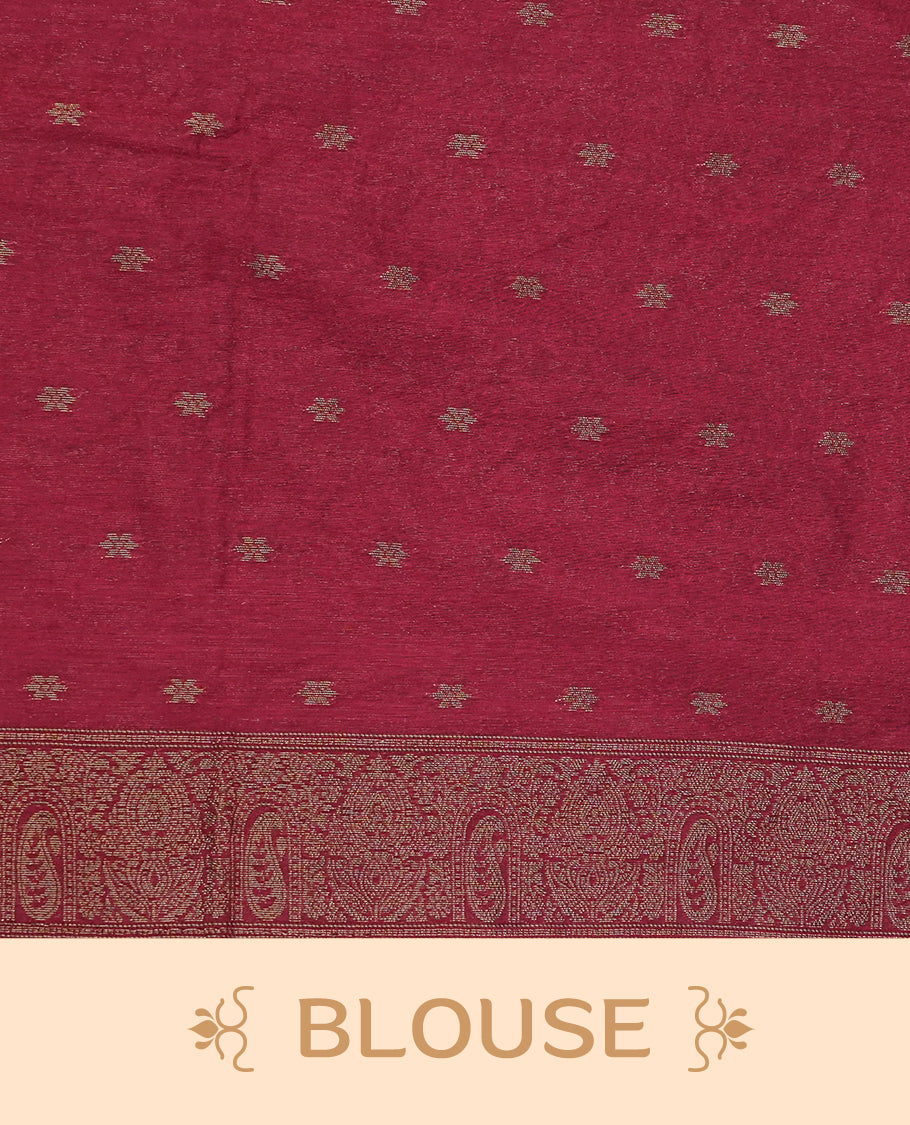 Red colour semi silk saree featuring Gold zari Leaf pattern on body, complemented by contrast colour with Gold zari border, comes with matching blouse piece.