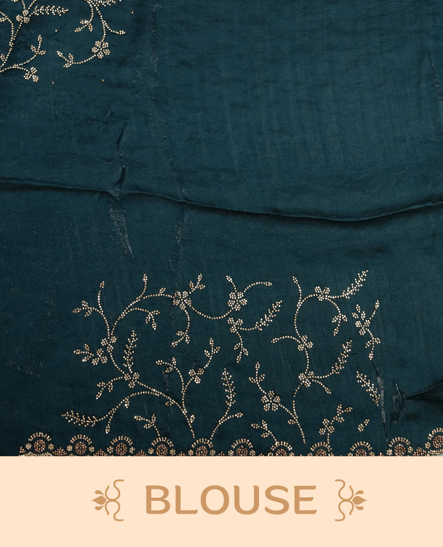 Peacock blue Colour velvet Chiffon Designer Saree featuring Delicate White Stone motifs on Body, with Stone Detailing on the Border and Pallu, paired with a Matching Blouse.