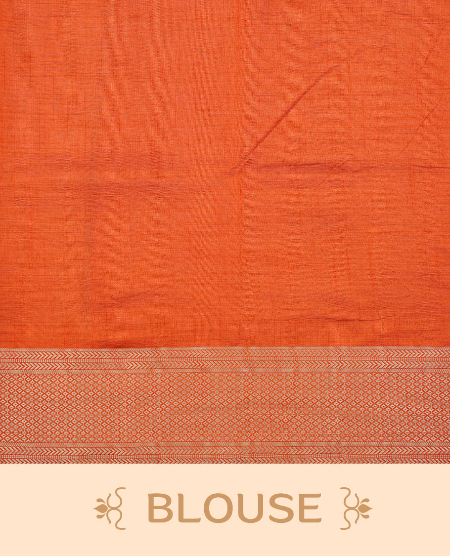 Cream colour Semi Tussar silk saree featuring an elegant plain body, accentuated by a contrast Orange border adorned with intricate gold zari work, paired with a matching blouse piece.