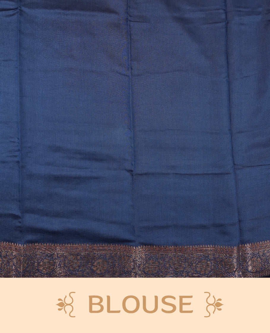 Golden Yellow Colour Banaras Soft Silk Saree with Gold Zari Oval Leaf Buttas, Intricate Multi-Layered Floral Border, Grand Pallu with Ornate Brocade Motifs in Navy Blue and Gold Tones, and Matching Blouse.