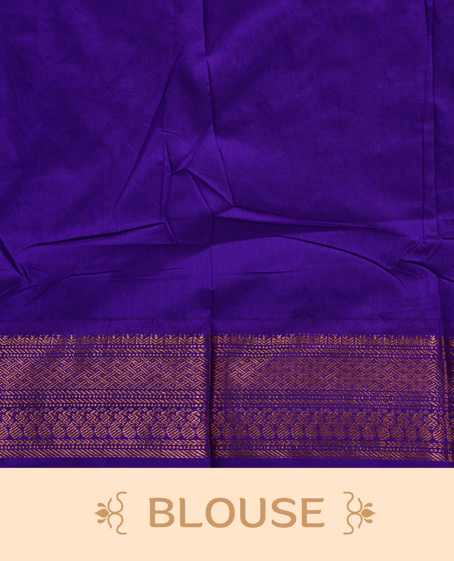 Lavender colour kalyani cotton saree featuring Antique zari check pattern on body, contrast Indigo colour border with antique zari pattern, paired with matching blouse piece.