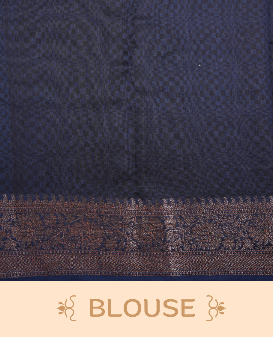 Dark blue colour chanderi silk saree featuring white stripped print pattern across body, with Antique zari pattern border and paired with matching blouse.
