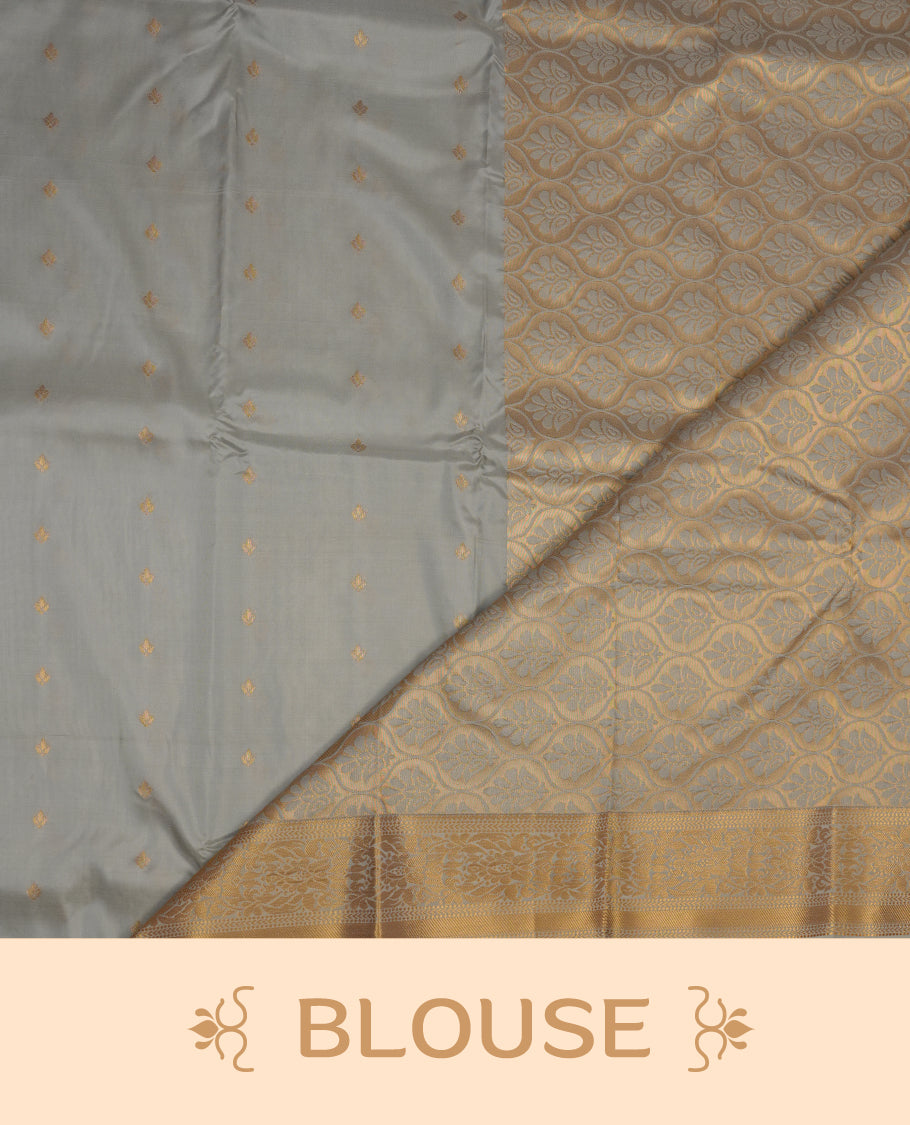 Grey colour shirt and dhoti with gold colour border, paired with matching colour silk saree featuring gold zari buttas and traditional border paired with matching blouse piece.