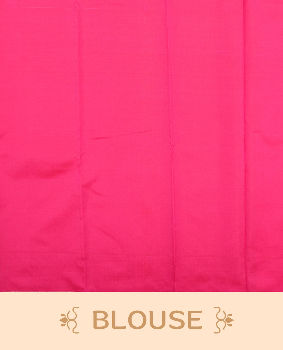 Rouge pink colour semi soft silk saree featuring a golden textured patterned body, complemented by self coloured pallu & border and a matching blouse piece.