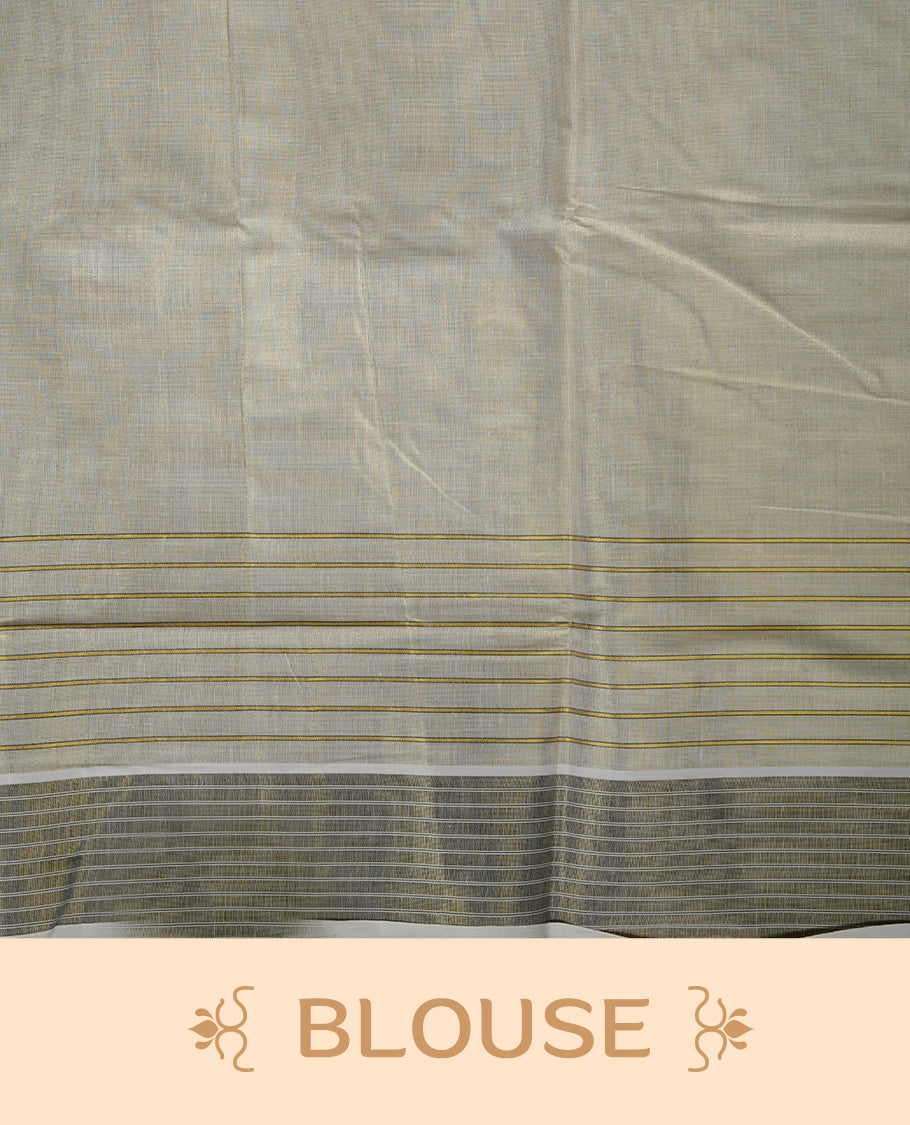 Light gold colour Tissue Kerala saree featuring a Plain body, an intricately woven gold and black traditional border and stripes and peacock leaf pattern on pallu, paired with a matching blouse.