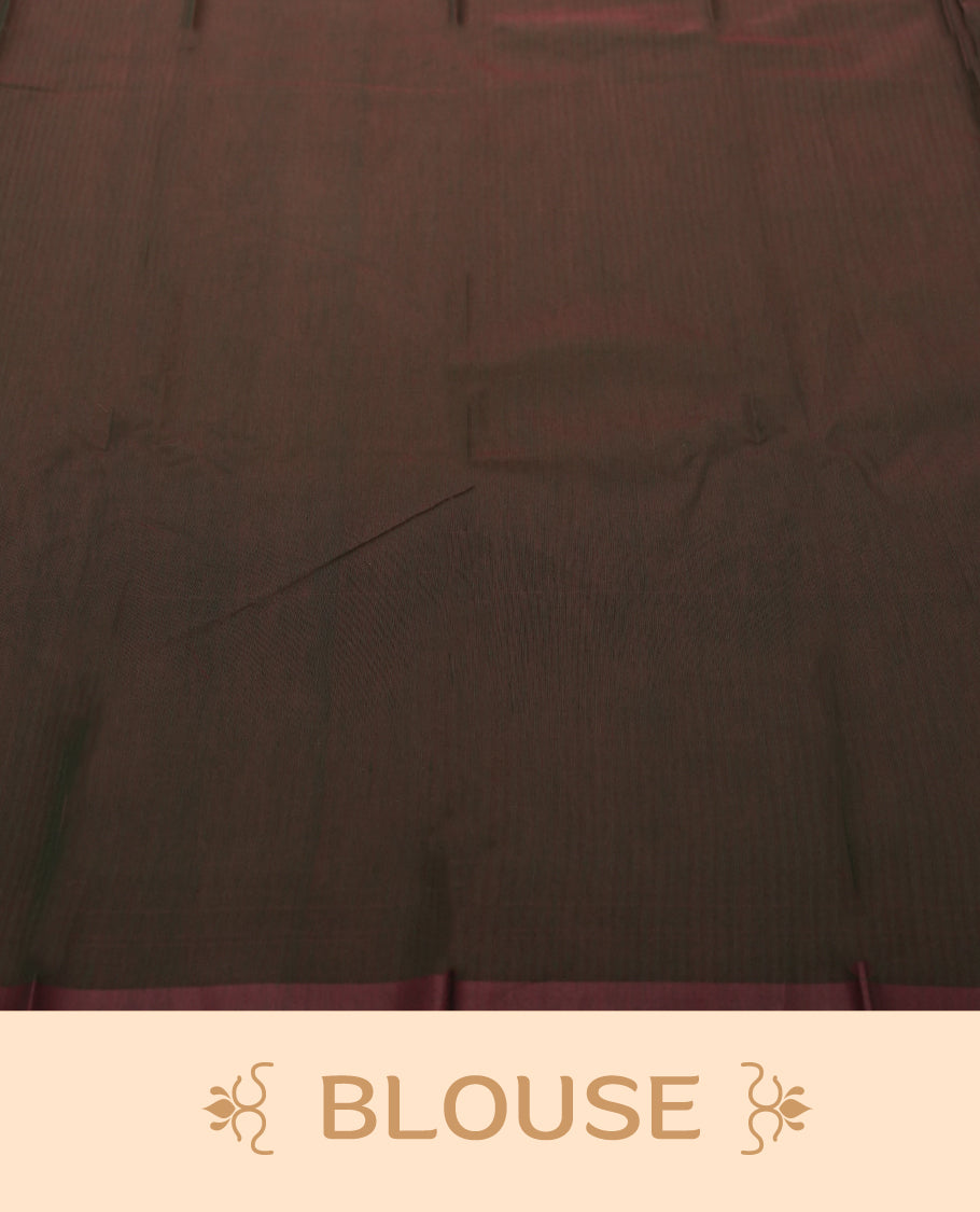 Maroon Colour Silk Cotton Saree with Gold Striped Body, Accented by Black and Brown Striped Pallu with Large Rose Gold Central Motif, Paired with Matching Blouse Piece (Copy)