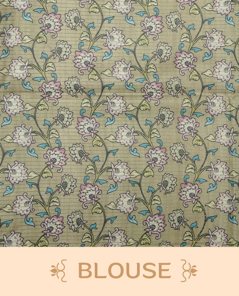 Olive Green colour semi tussar silk saree, featuring an intricate multicolour peacock motif on the pallu, a subtle self-textured plain body, and a floral-printed matching blouse.