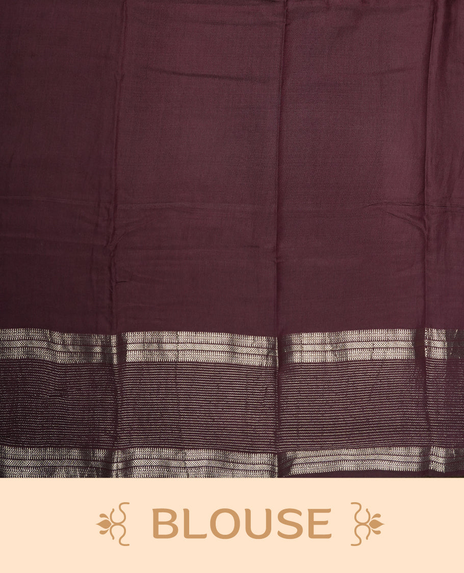 Lavender colour mixed chanderi cotton saree with plain body, chocolate brown pallu with silver zari border and geometric motifs, and matching blouse