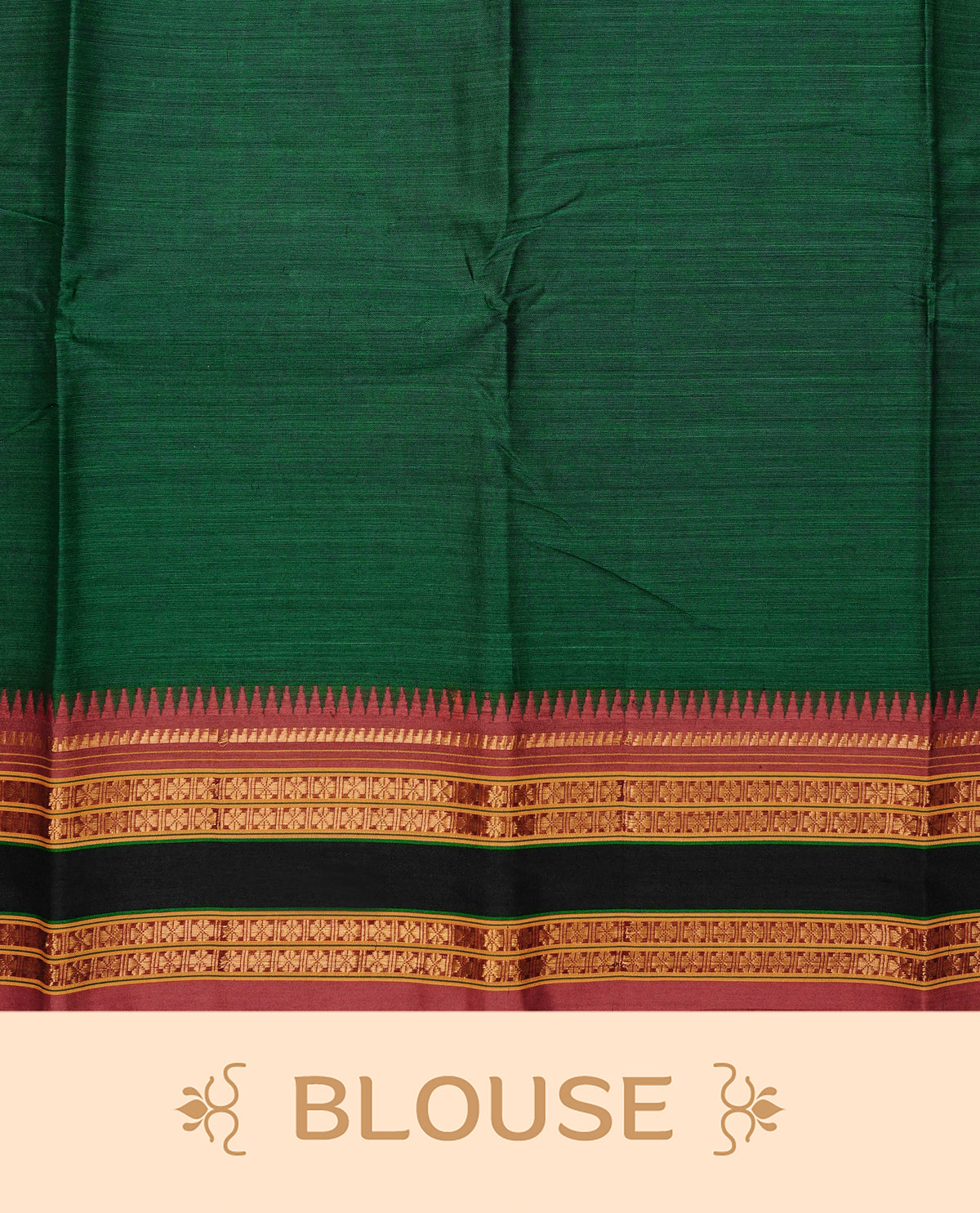 Bottle Green colour Narayanapattu cotton saree with a plain body, complemented by a maroon colour with gold zari border & contrast pallu, paired with a matching blouse piece.